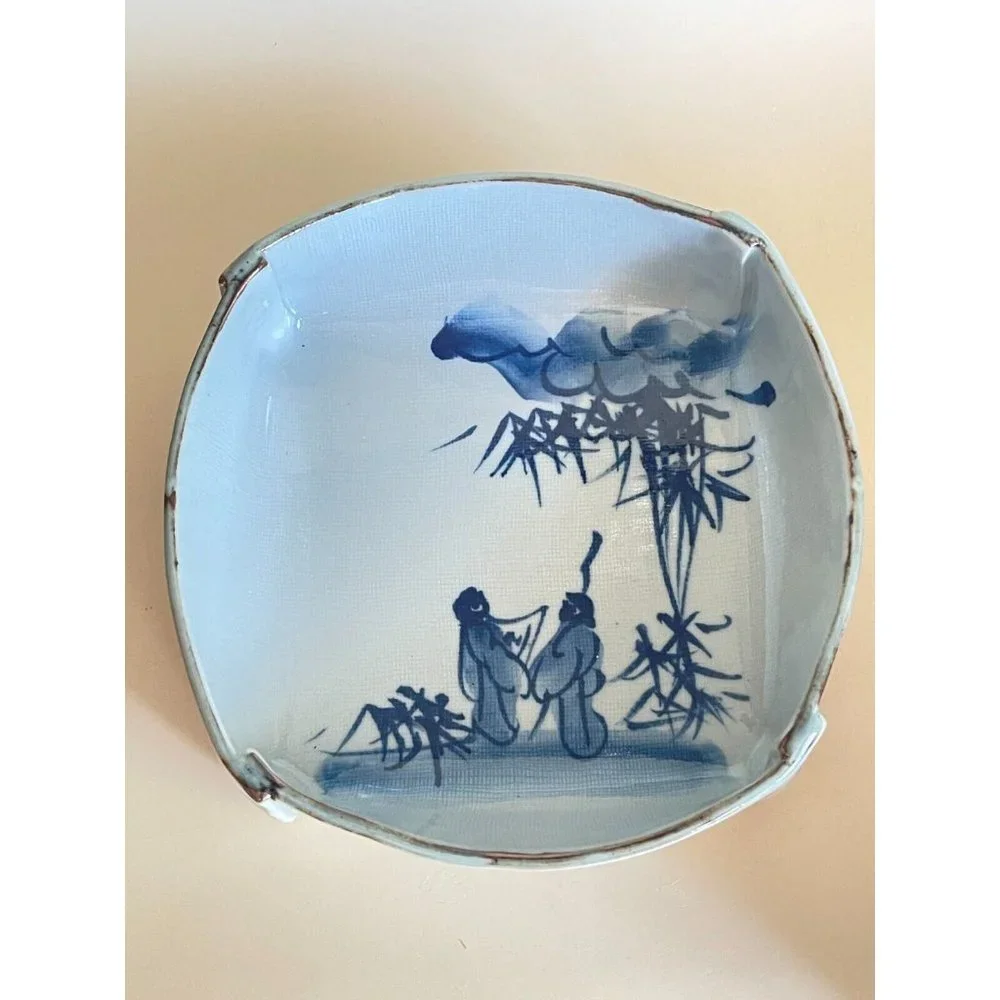 Vintage Japanese Blue White Glazed Pottery Stone Ware Bowl Boxed Signed - Picture 5 of 8